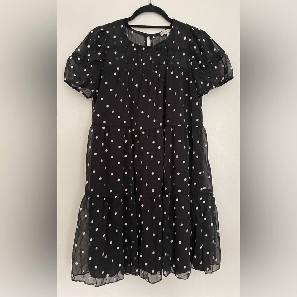 Moon River | Tiered mini dress, black with white polka dots, puff sleeves